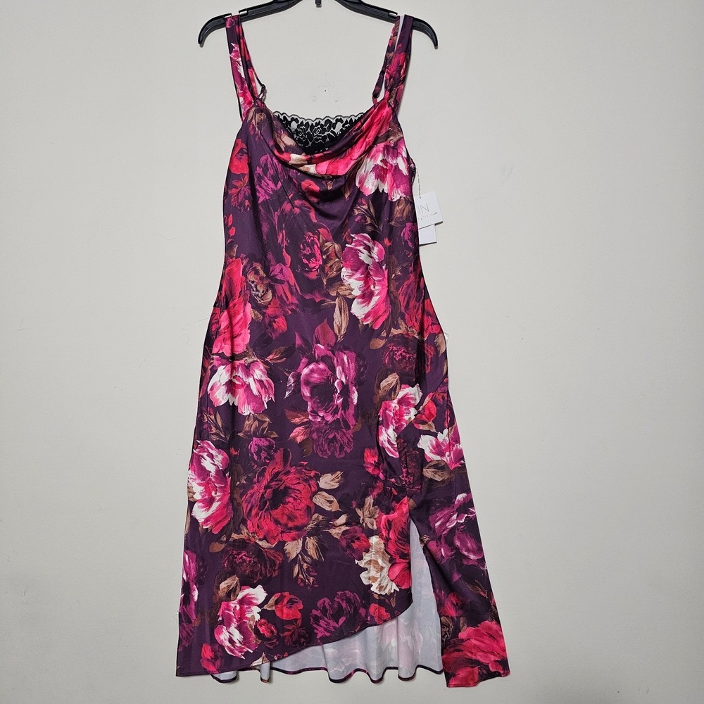 IN Womens Dress Slip XL Red Burgundy Pink Floral Sleeveless Cowl Neck 826